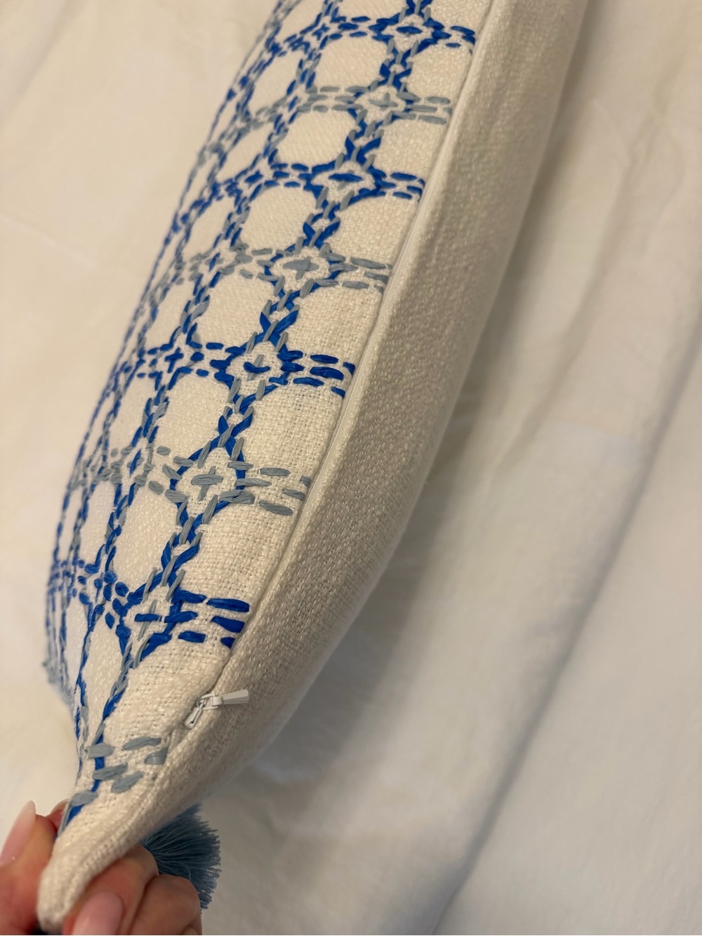 Serena & Lily Blue and White Geometric Embroidered Lumbar Pillow - Picture 4 of 5